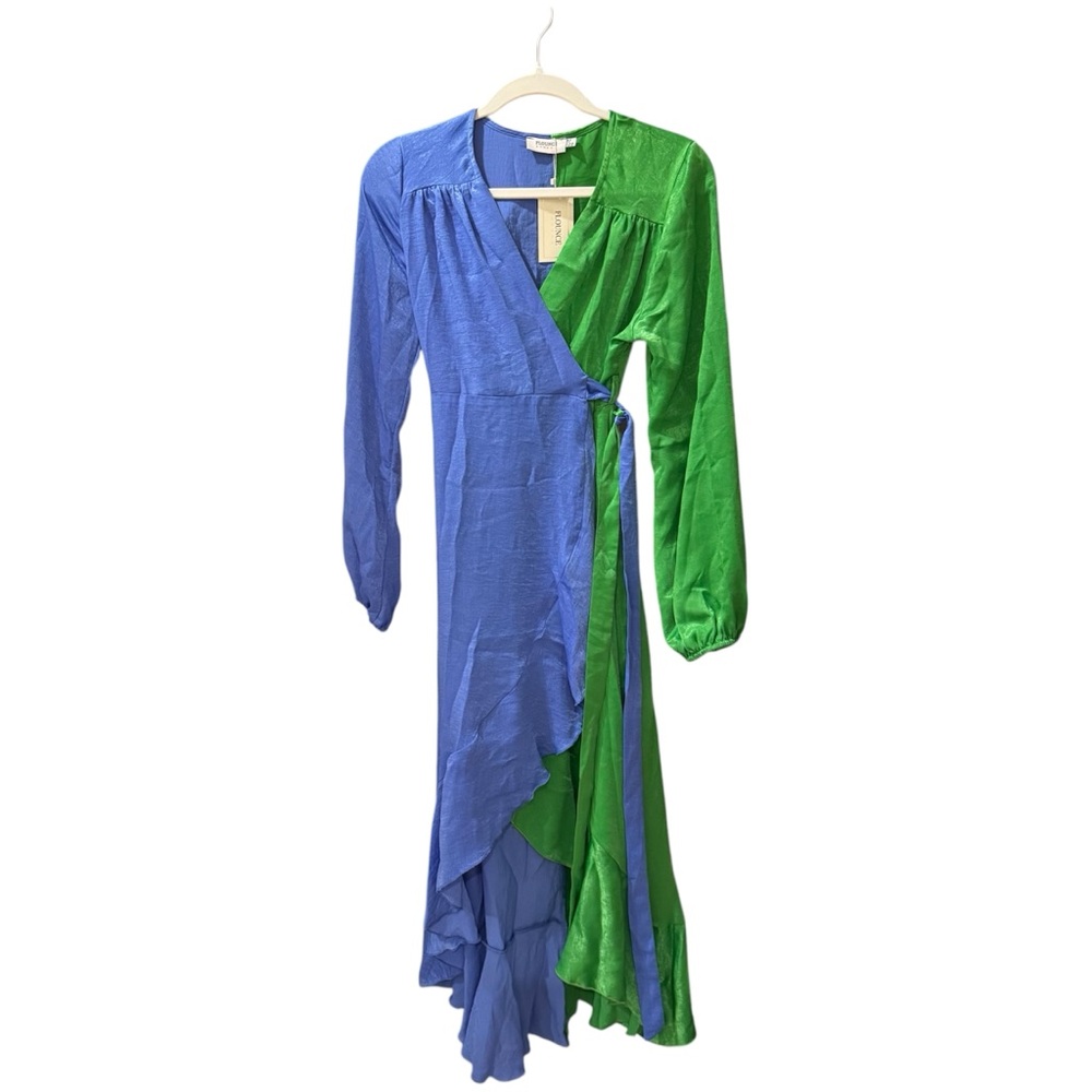Flounce London blue and green midi wrap dress